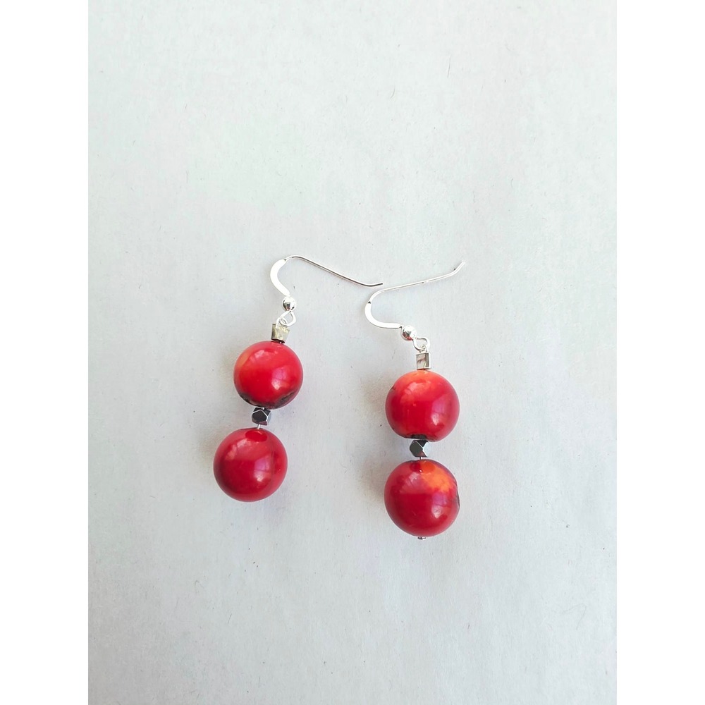 New Handmade Sterling Silver 925 Genuine Red Coral Round Bead Drop Earrings